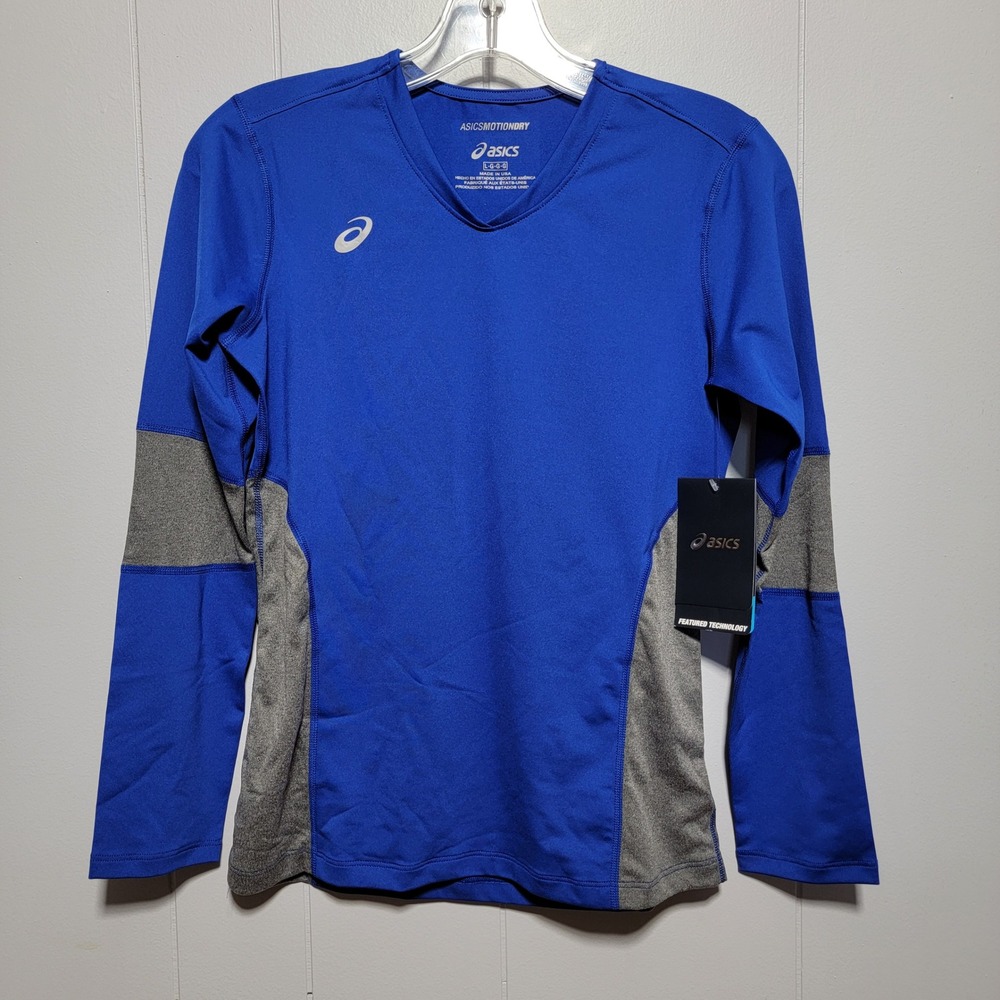 ASICS Women Royal Blue Heather Grey Decoy LS V-Neck Training Top BT3280 NEW L